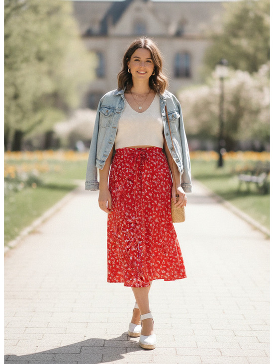 Rachel Zoe Dresses & Skirts - Red Floral Midi Skirt with Tie Waist